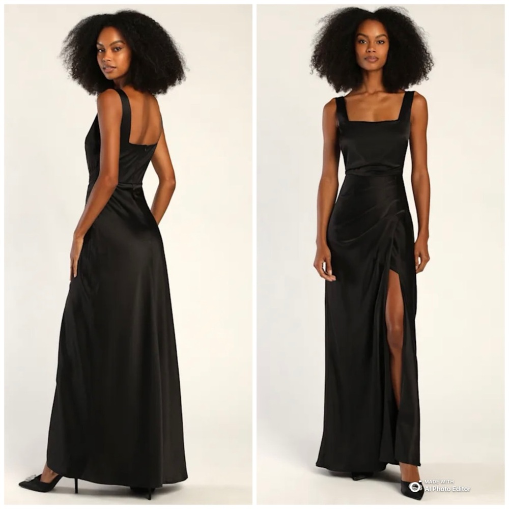 Lulus XS Red Carpet Romance Black Satin Square Neck Maxi Dress NWT FLAW